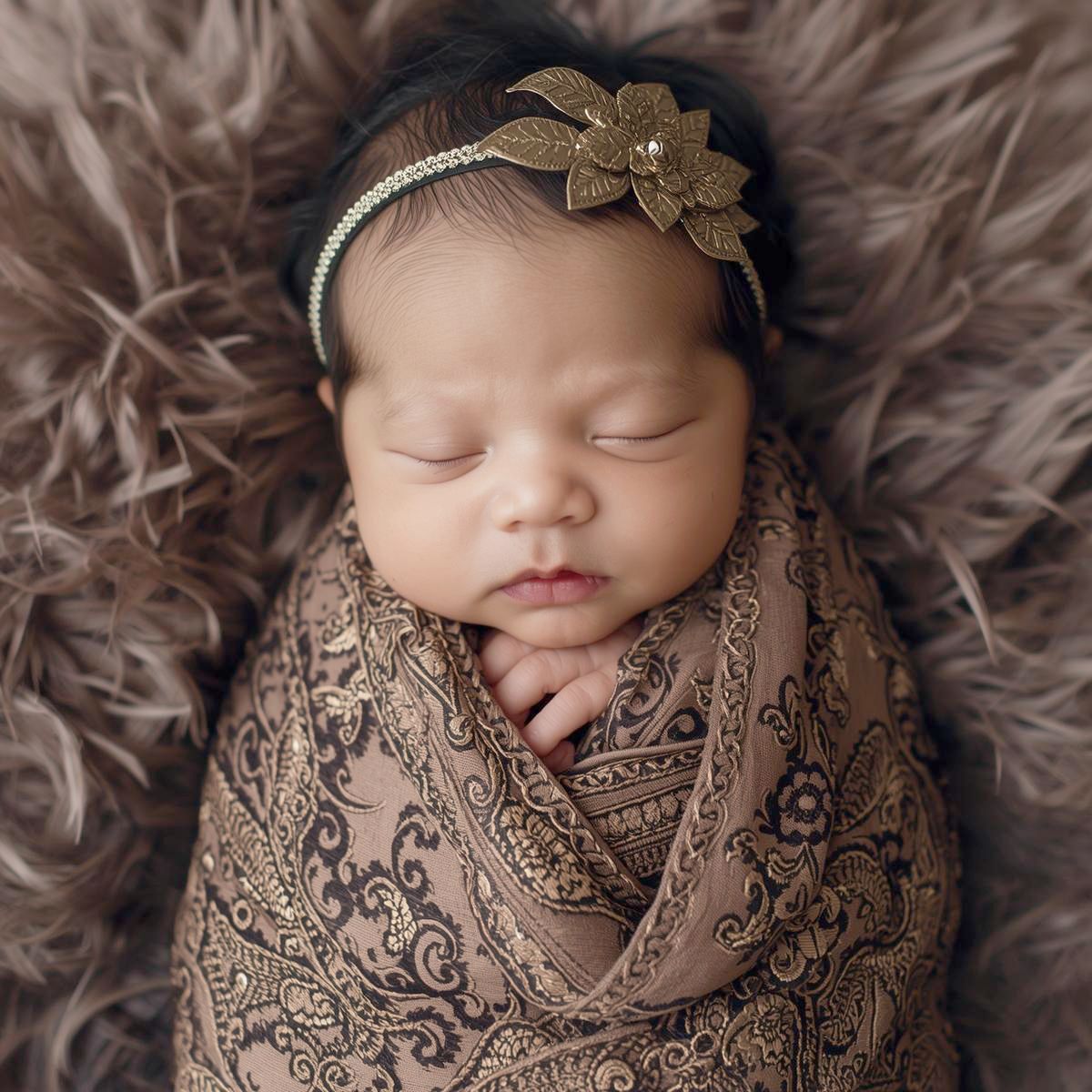 Newborn baby wrapped in ornate brown lace fabric sleeping peacefully on soft furry blanket.
