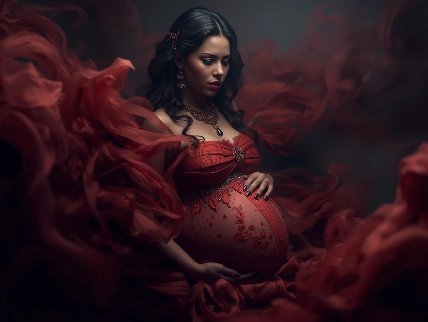 A dramatic maternity photo series featuring a woman in a flowing red dress against a dark background.