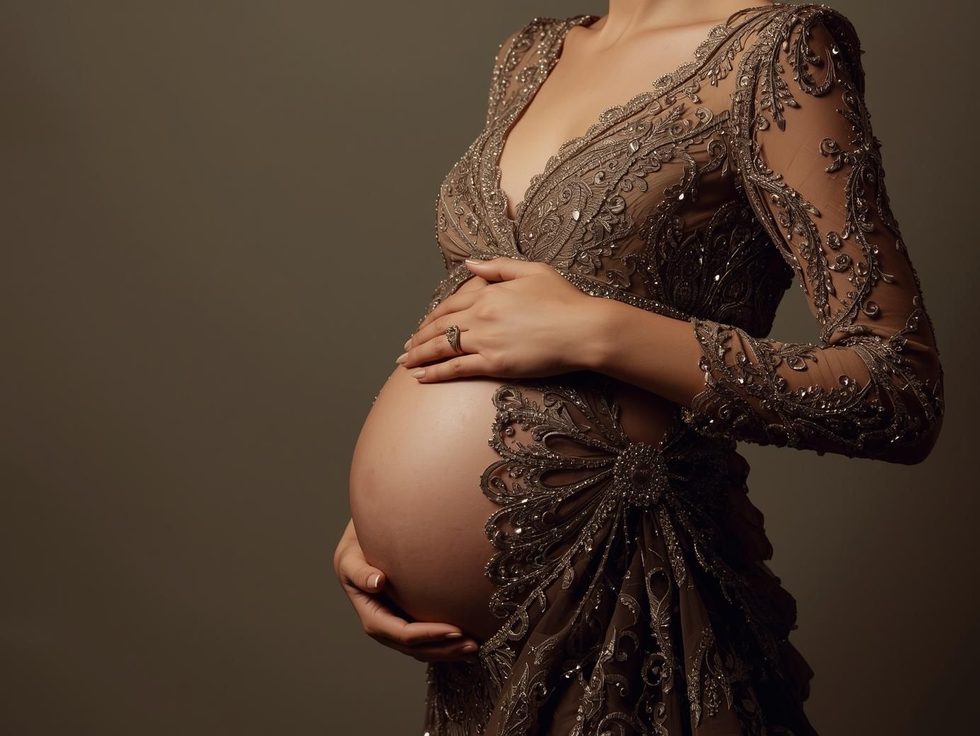 A series of artistic maternity photos showing a pregnant belly in a black lace dress against a dark background.