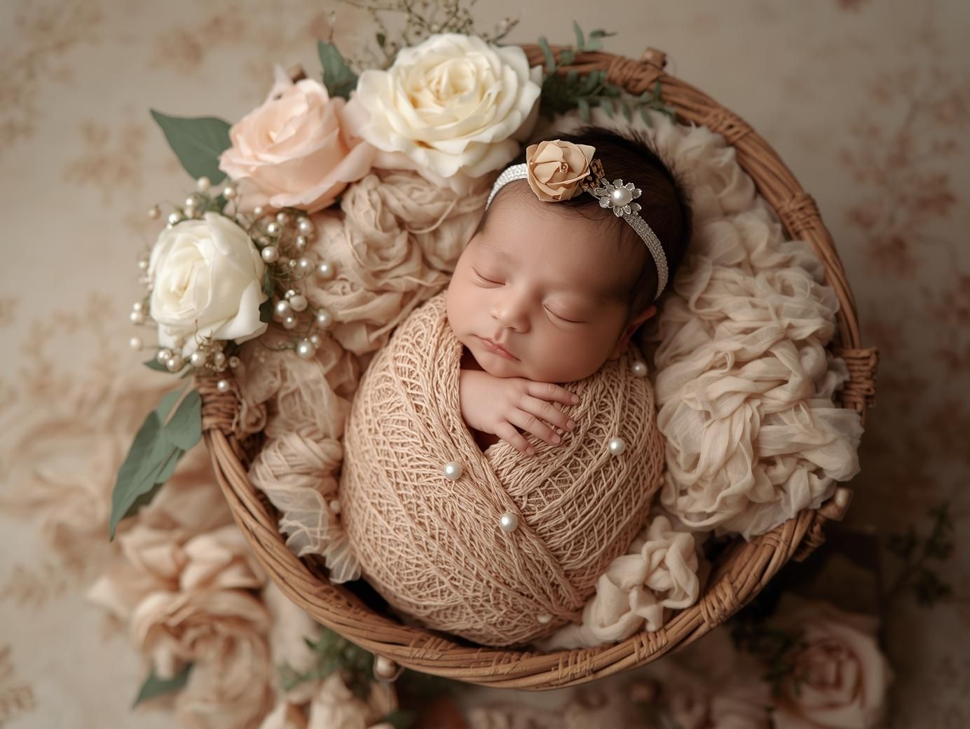 Newborn baby sleeping in vintage basket surrounded by soft roses and neutral tones.