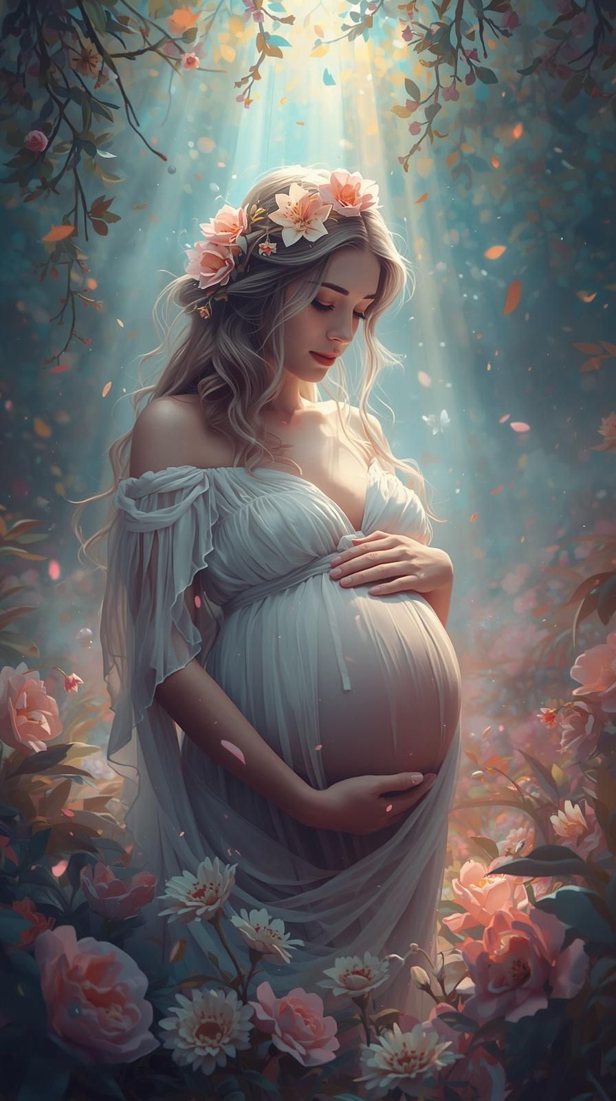 A dreamy fantasy portrait of an ethereal figure in a flowing white dress surrounded by falling autumn leaves and soft light.