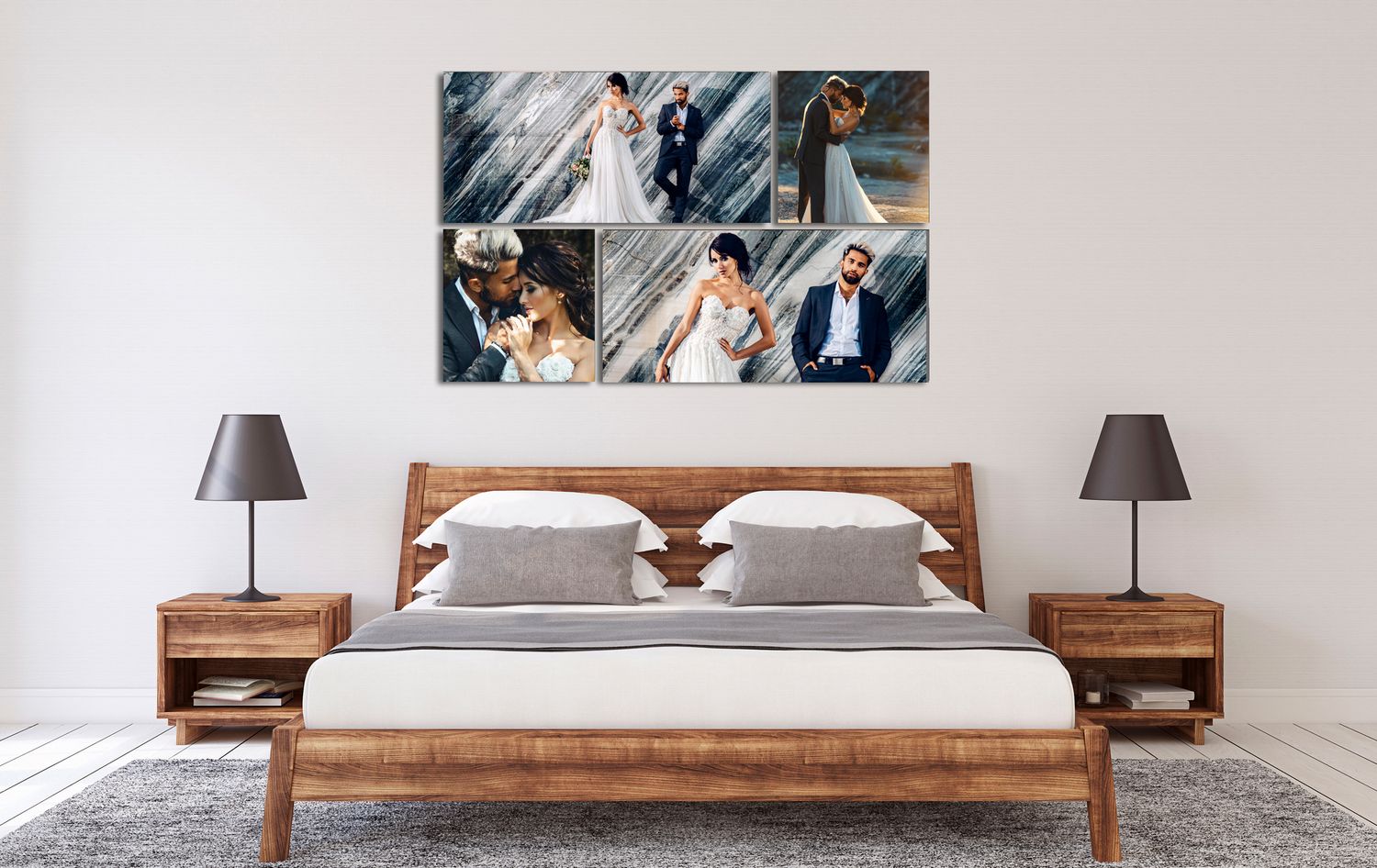 Wedding photo collage canvas wall art displayed above a wooden bed in a modern bedroom with matching nightstands.