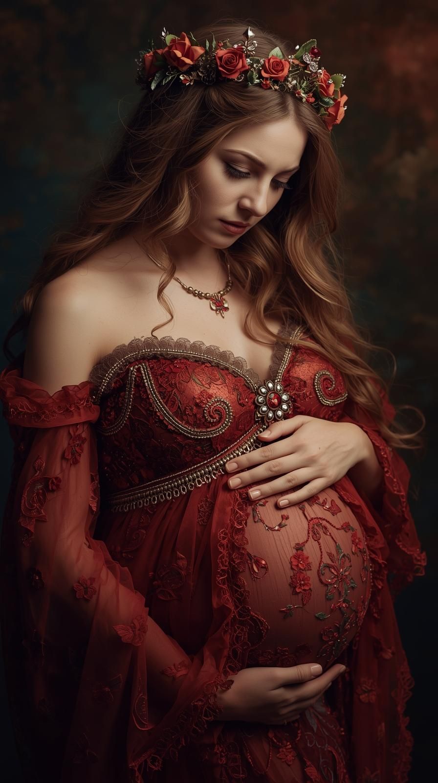 Ethereal portrait in deep red lace gown with floral crown against dark moody background.
