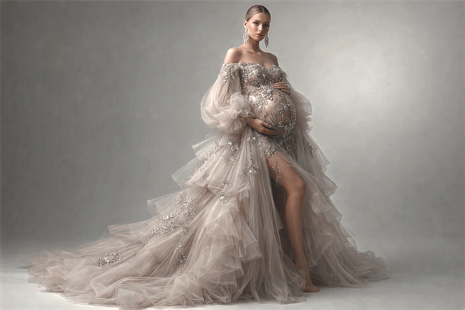 A dramatic beige tulle gown with ruffled layers and sheer sleeves features a high slit and flowing train in studio lighting.