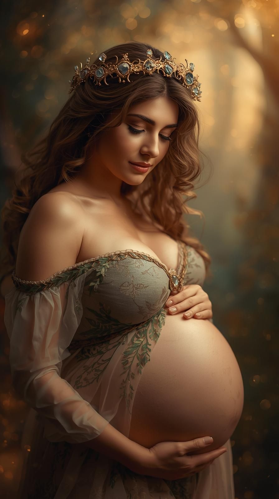Ethereal maternity portrait in a dreamy forest setting with soft lighting and an ornate crown.