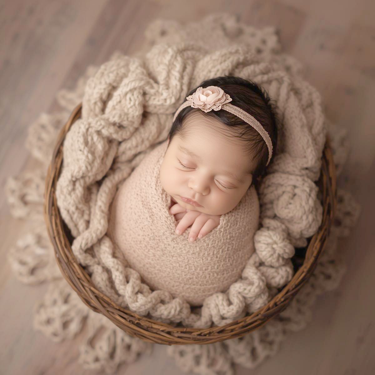 Sleeping newborn baby wrapped in beige knit blanket nestled in round wicker basket on soft textured backdrop.