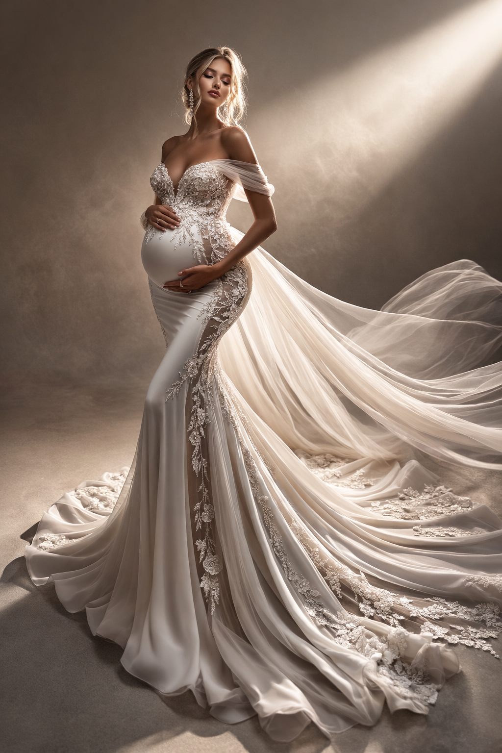 A flowing white wedding gown with off-shoulder design and intricate lace details shown from multiple dramatic angles.
