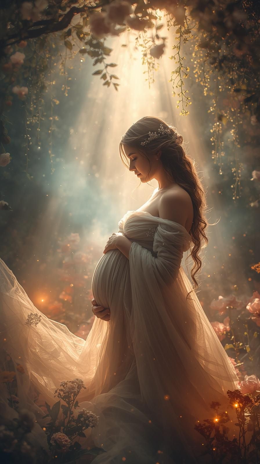 A dreamy maternity photoshoot in a forest with ethereal sunbeams streaming through leaves as a flowing white dress catches the light.