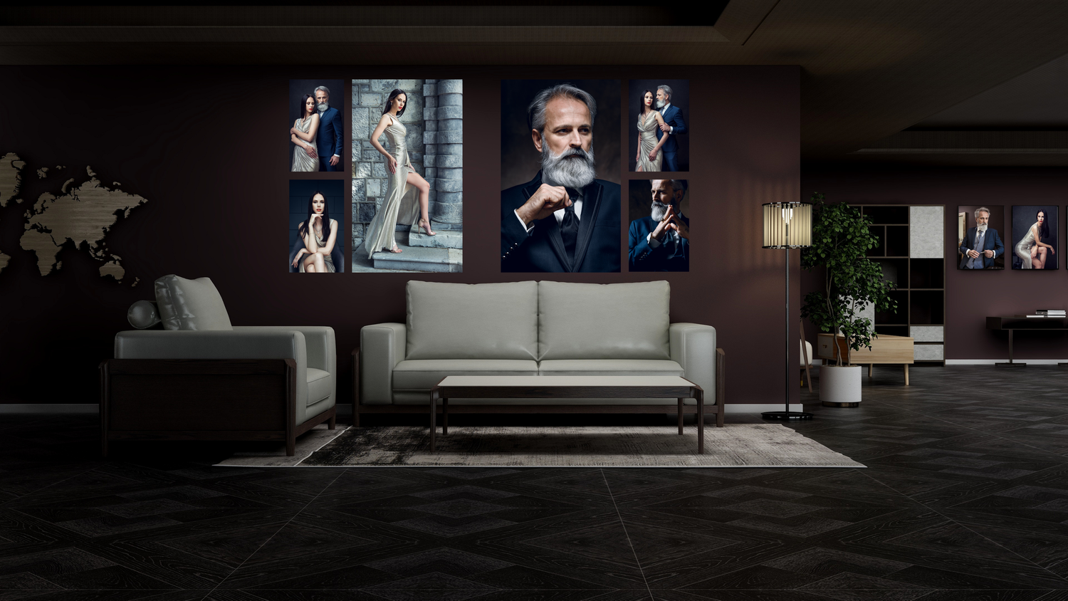 Elegant lobby with gray sofas featuring large wall art of a distinguished man and fashion portraits in a modern interior.