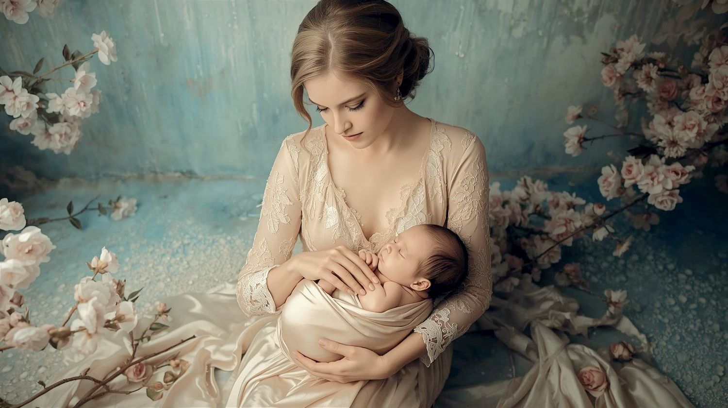 Soft and ethereal maternity photography series in muted teal tones shows tender moments between mother and newborn.