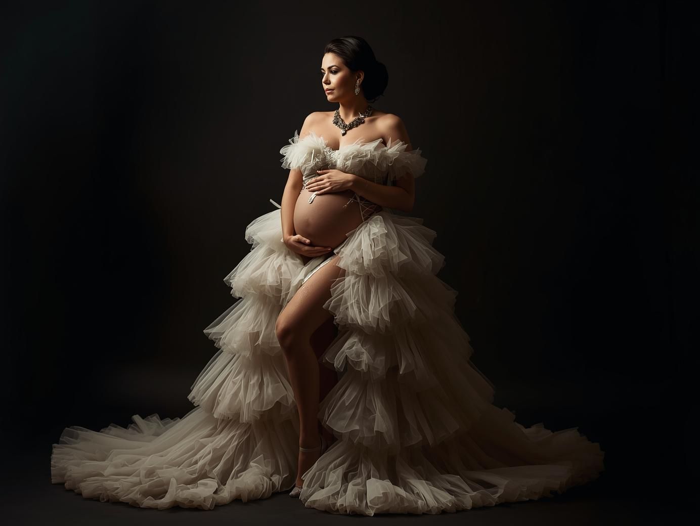 A series of artistic maternity portraits showing a woman in a flowing white tulle gown against a dark background.