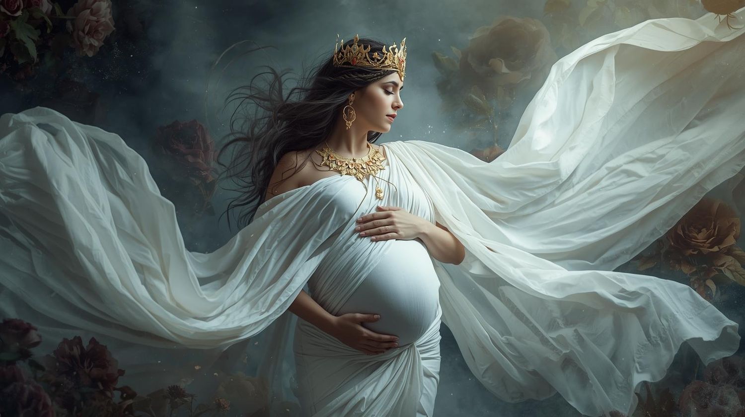 Ethereal white fabric flows dramatically around a figure in a dark moody setting creating an artistic portrait series.