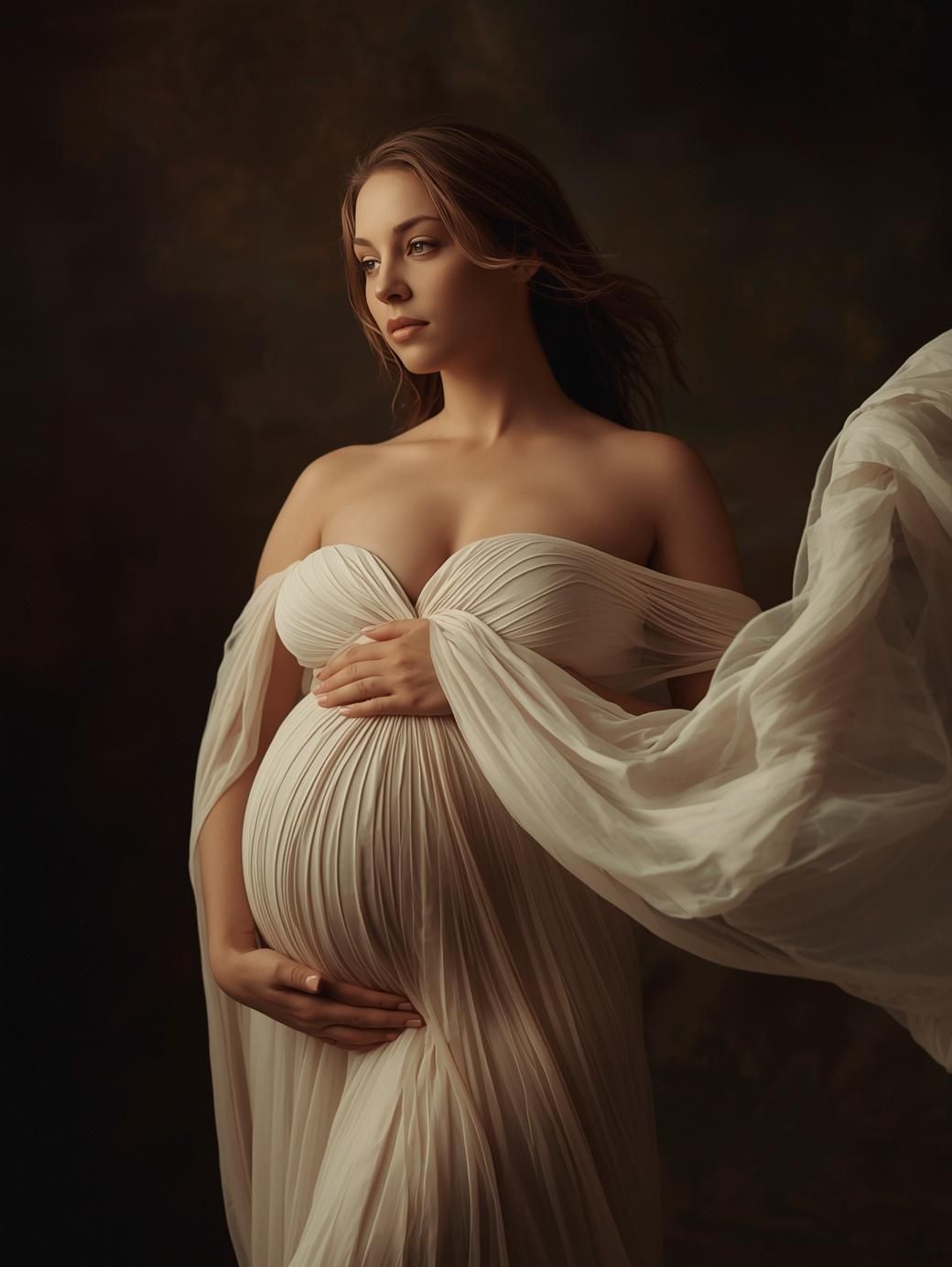Artistic maternity portrait series showing flowing white fabric against dark background.