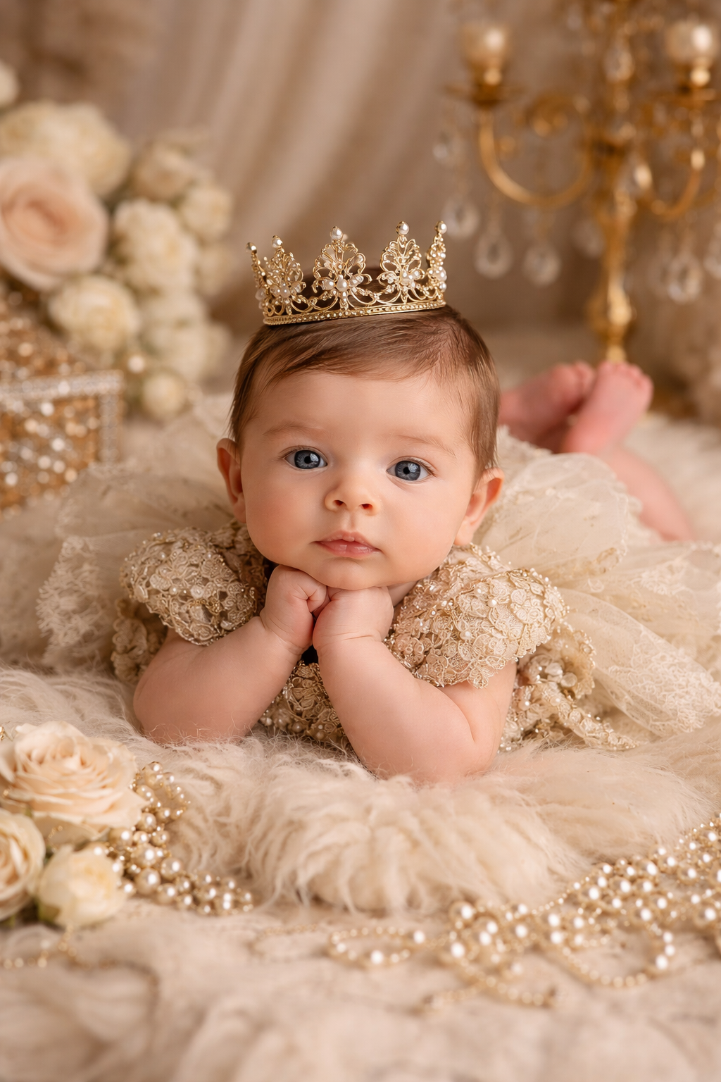 A small baby wearing a gold crown lies on cream lace and pearls in an elegant vintage-style portrait setting.