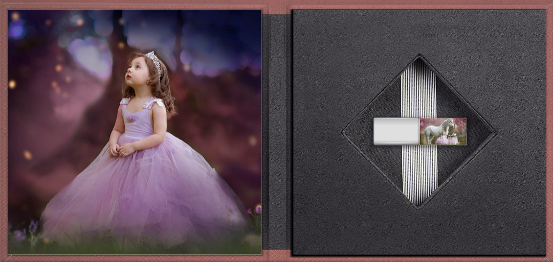 A young girl in a purple tulle dress poses dreamily outdoors, beside a dark gift box with a diamond-cut USB keepsake.