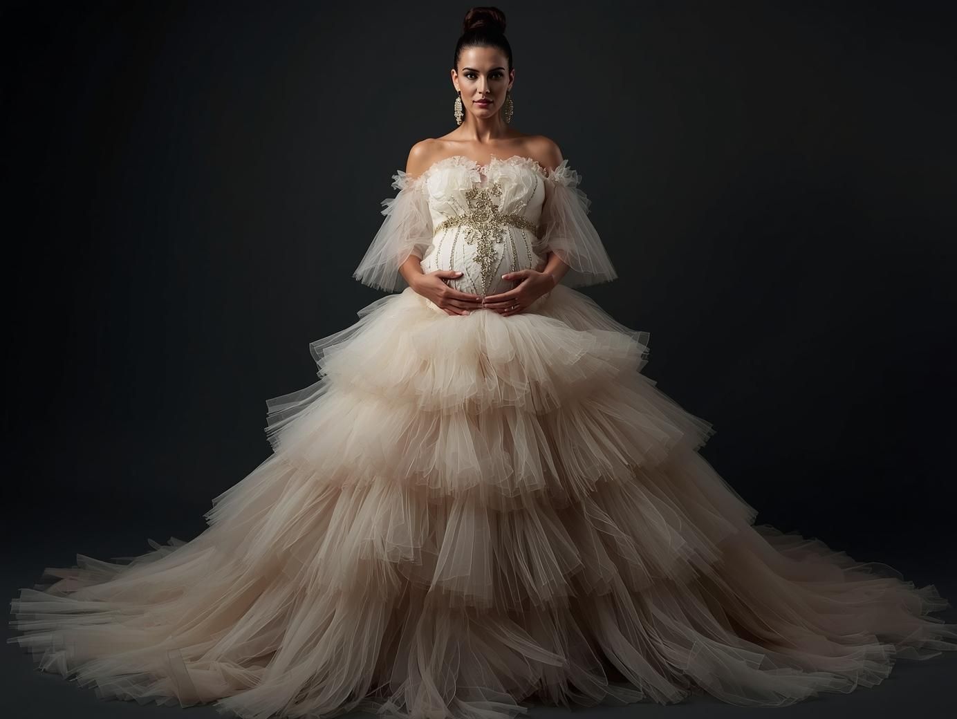 Dramatic fashion photo of a luxurious tiered tulle wedding gown in champagne color against dark background.