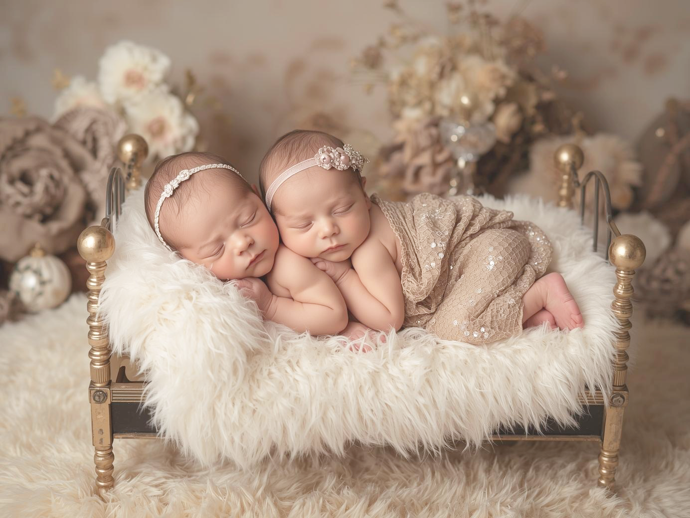 Two sleeping newborn twins in beige wraps and floral headbands rest together on a fluffy white fur in a tiny gold bed.