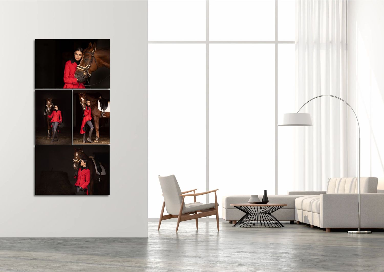 Three dramatic equestrian portrait canvas panels displayed on a white living room wall, featuring a woman in red with a horse.