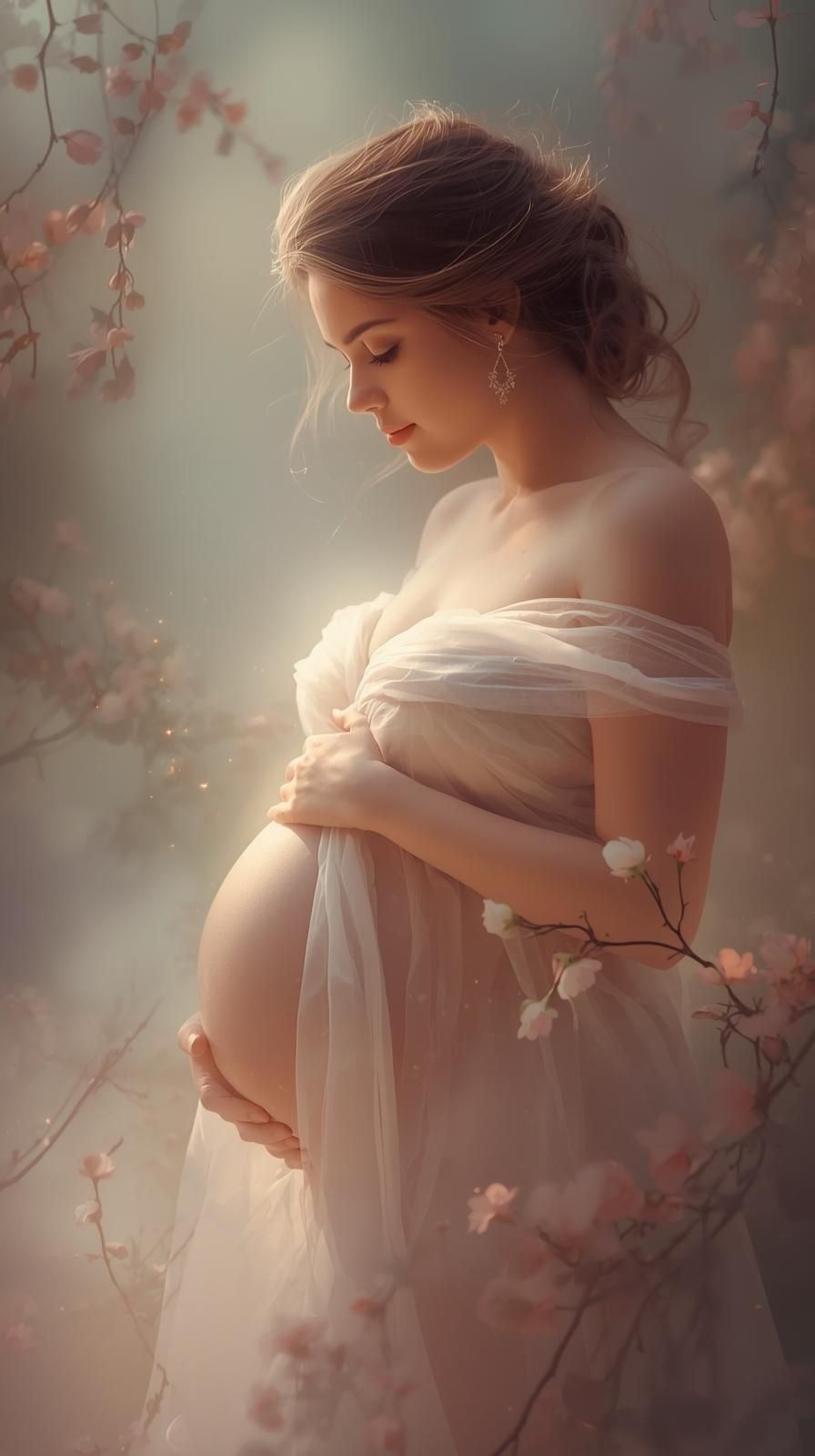 A dreamy portrait series showing a figure in soft white fabric surrounded by delicate pink cherry blossoms in ethereal light.