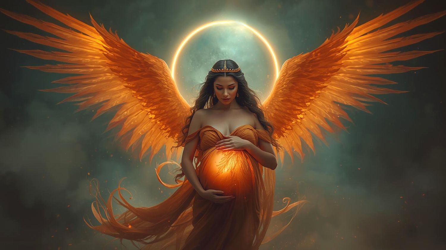A mystical figure with fiery orange wings stands against a dark ethereal background with a glowing eclipse.