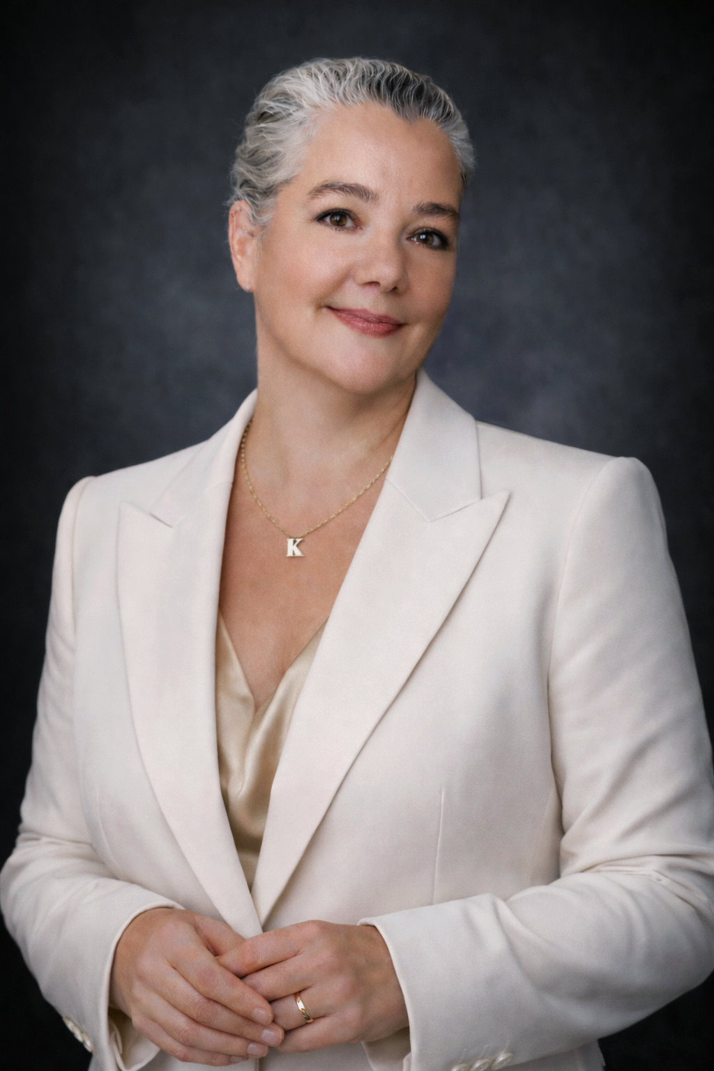 Professional studio portrait series featuring a person with silver hair wearing a crisp white blazer and neutral top.