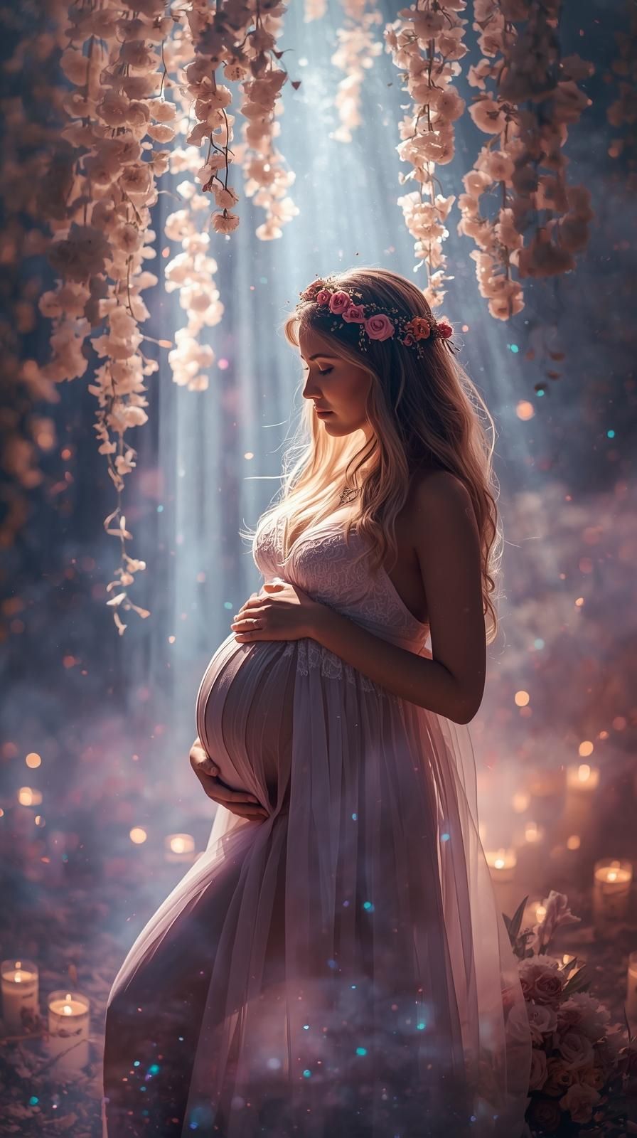A dreamy maternity photo with soft lighting shows an expectant mother in a flowing dress beneath hanging floral blooms.