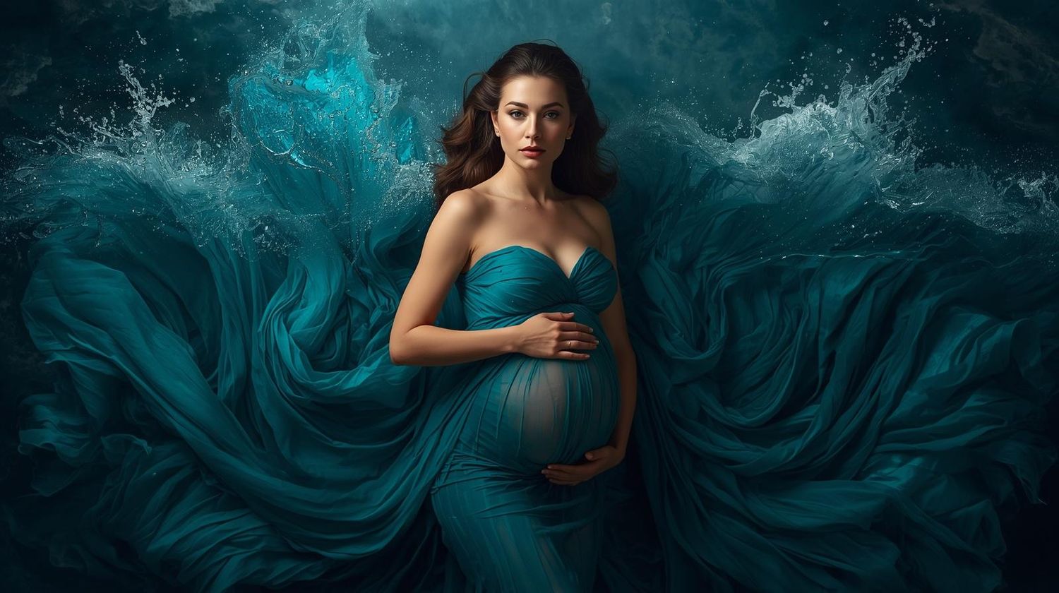 A figure in a flowing teal gown poses against a dramatic aqua water splash background in an ethereal maternity photo.