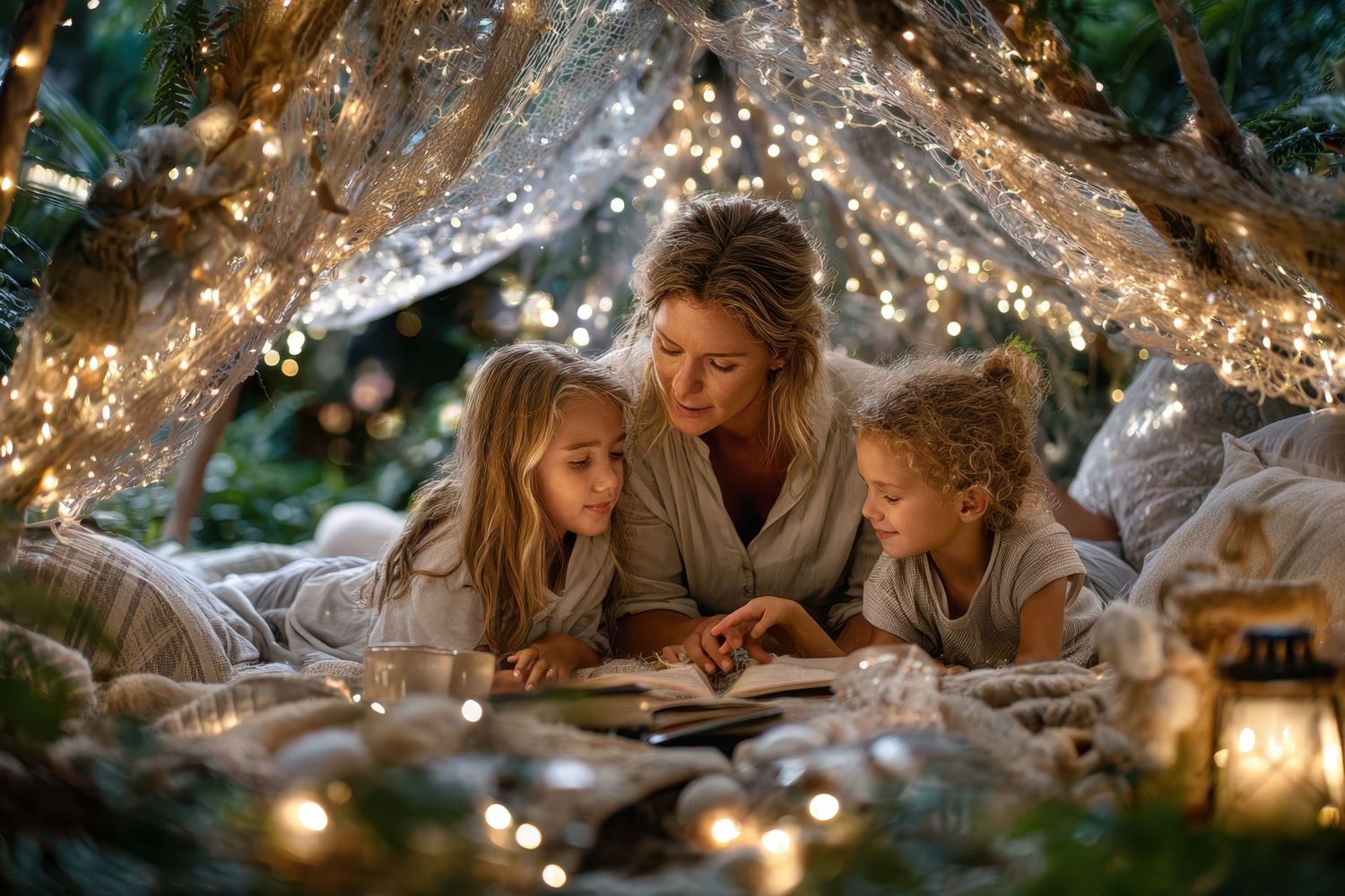 A mother and two daughters read a book together in a cozy fairy light fort surrounded by soft blankets.