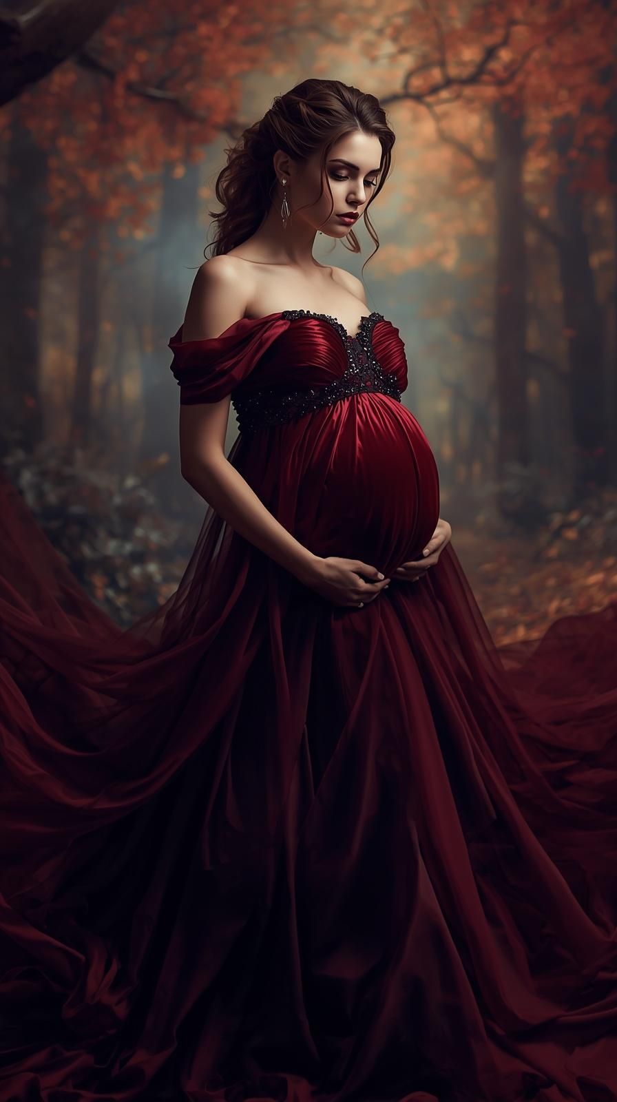 Dramatic maternity photo featuring a flowing deep red gown in an autumn forest setting.