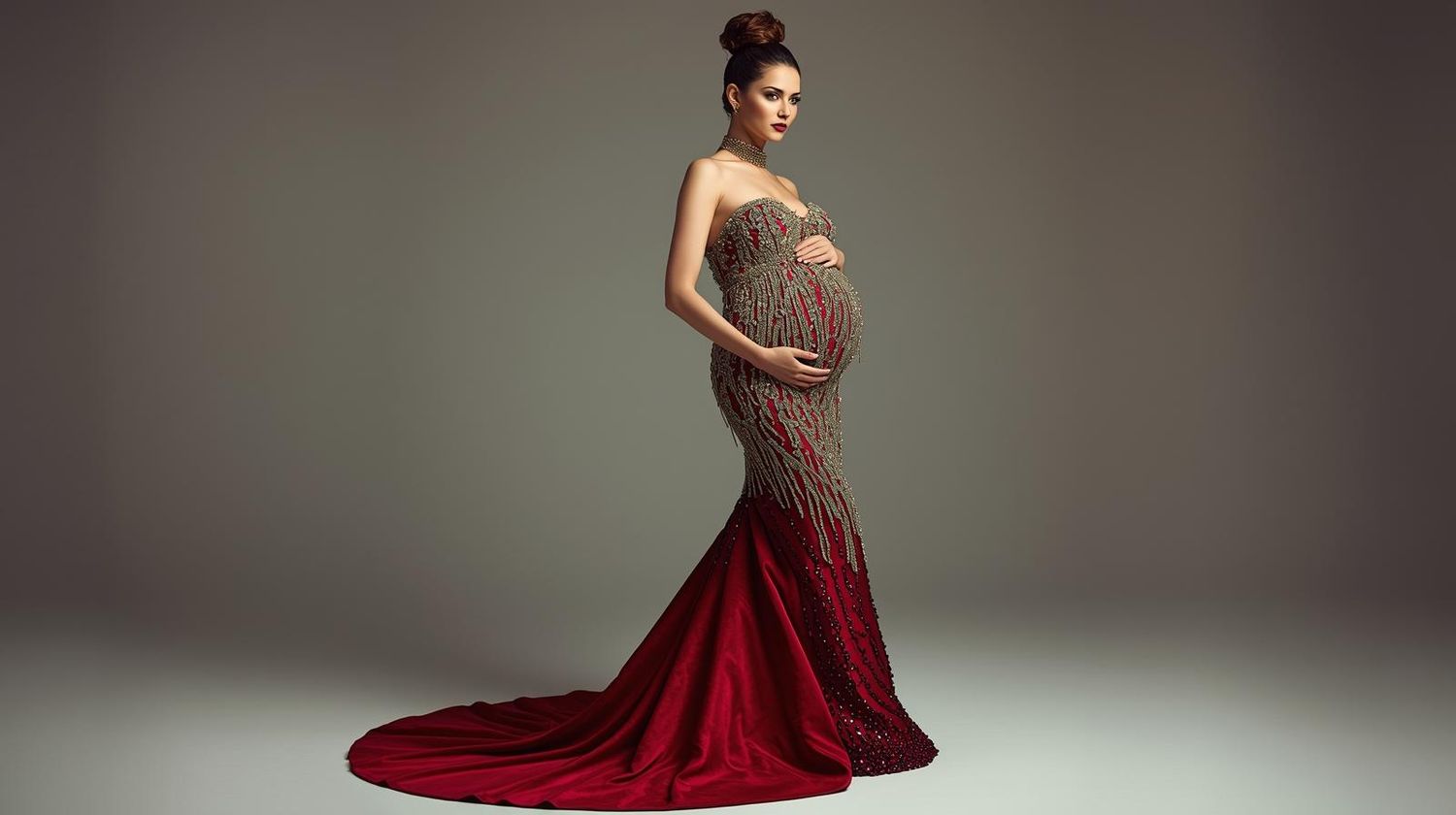Fashion model in flowing red evening gown poses gracefully against neutral studio backdrop.