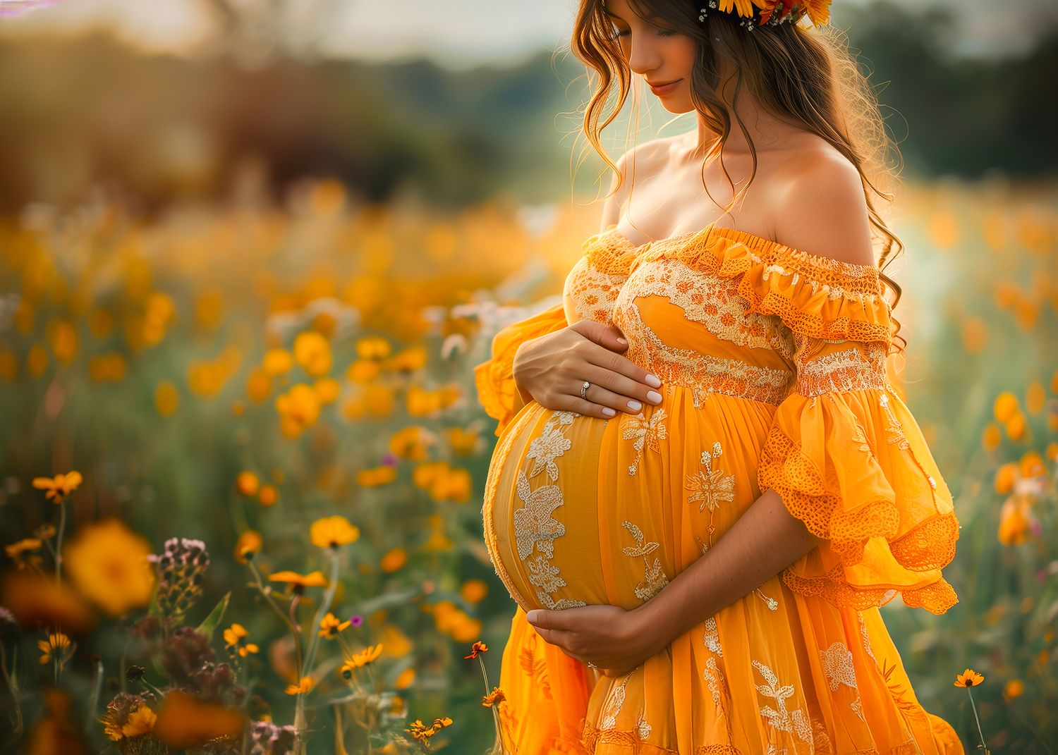 Pregnant woman in orange floral dress cradling baby bump in sunny wildflower field.