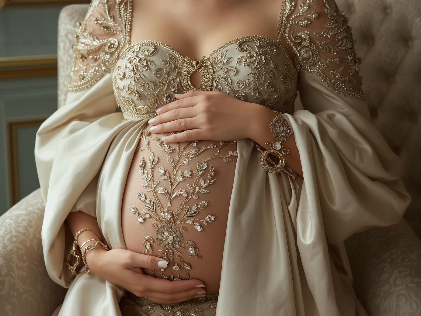 A pregnant woman in a cream-colored lace gown gently cradles her belly in a maternity photoshoot sequence.
