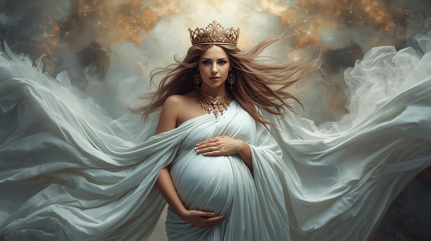 A fantasy artwork depicts a crowned figure in flowing white robes standing amidst stormy clouds and ethereal mist.