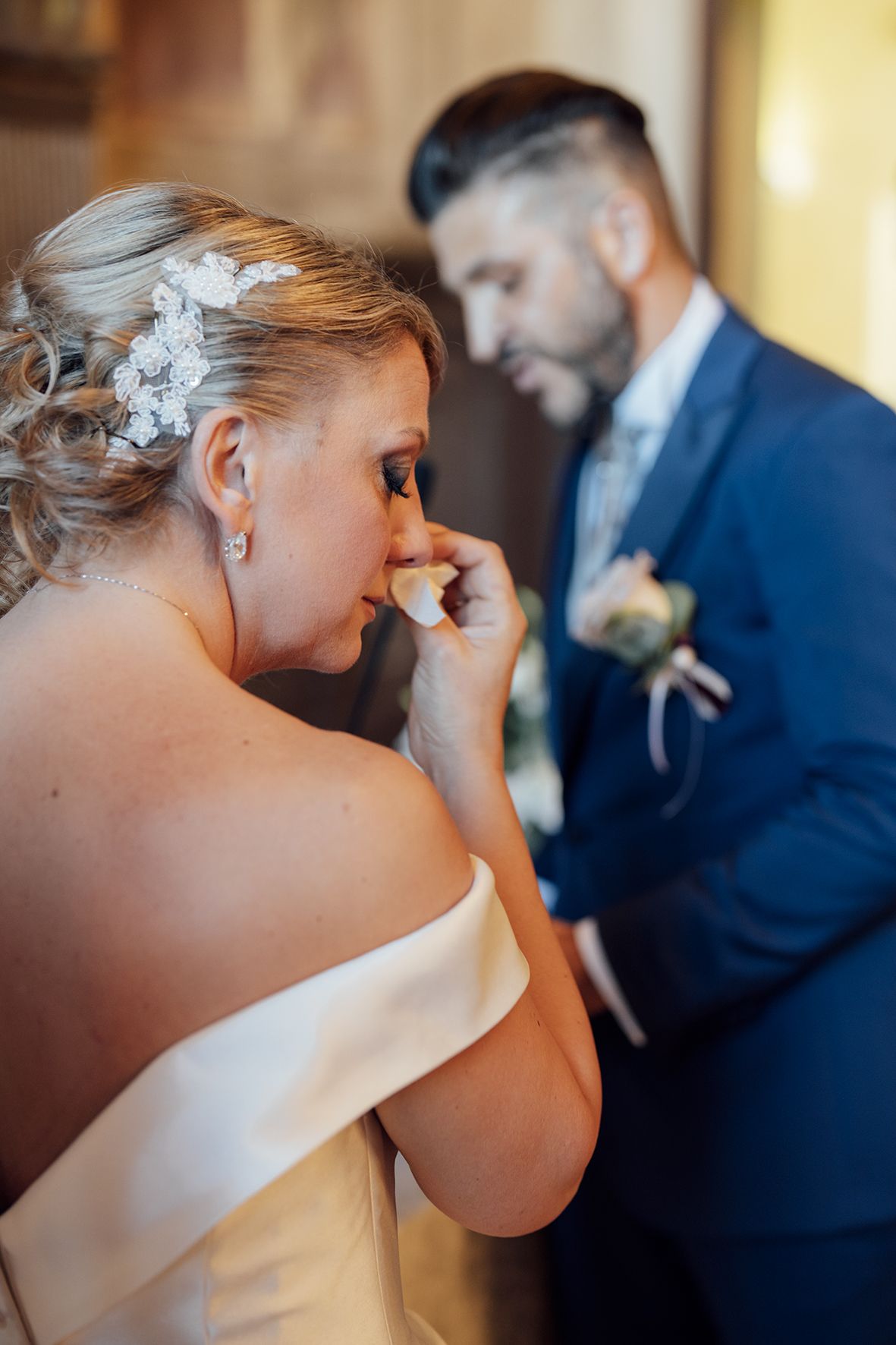 Candid wedding photography sequence showing emotional moments between newlyweds.