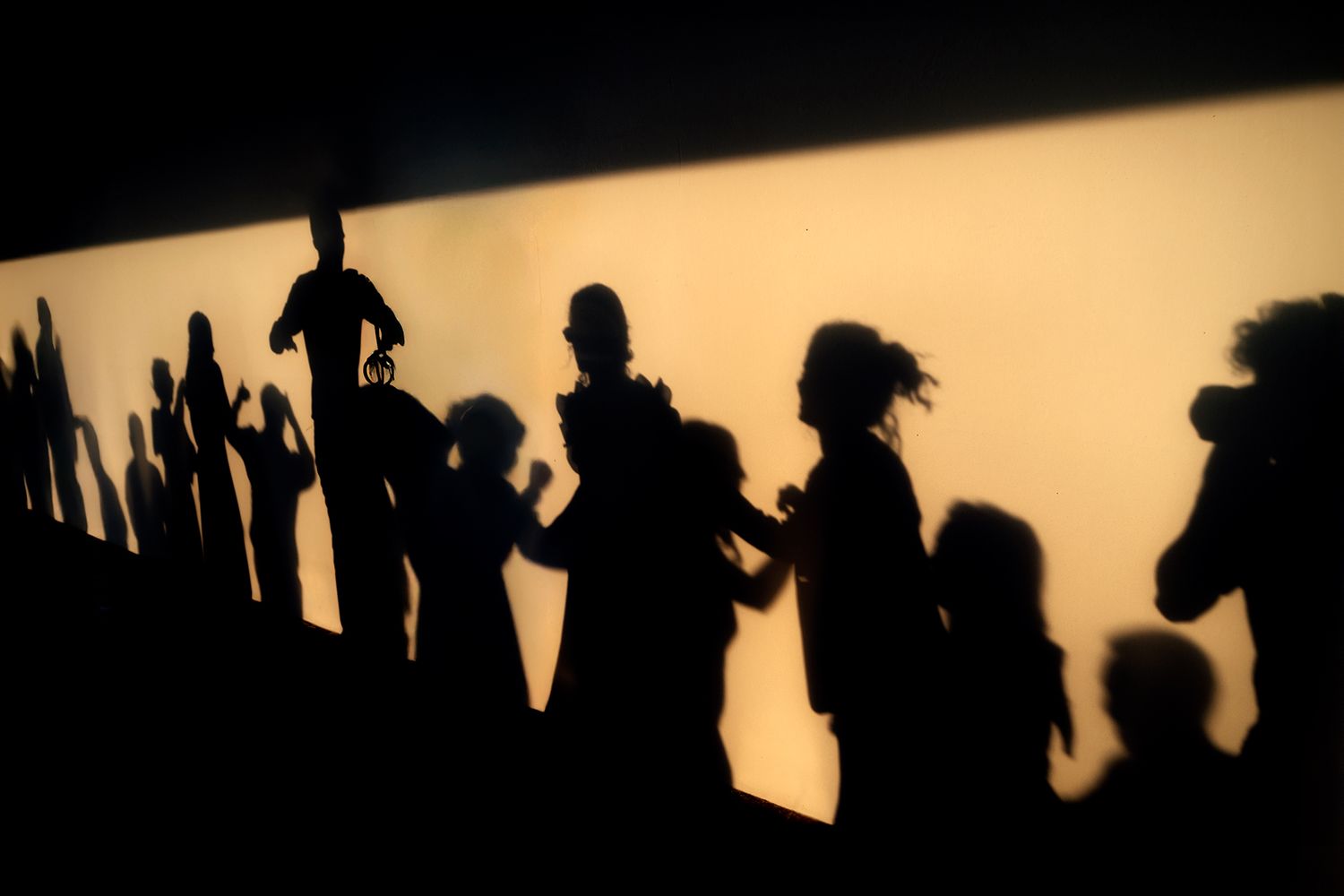 Silhouetted figures of wedding guests dancing against warm sunset lighting.