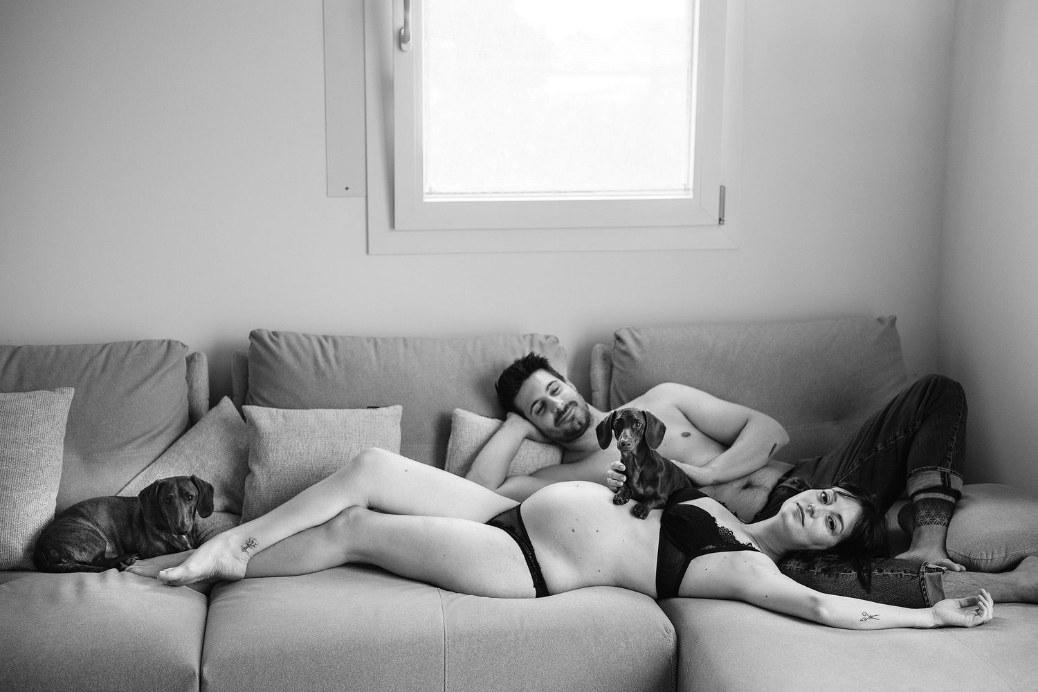 Relaxing scene of pets and their owners lounging together on a gray couch.