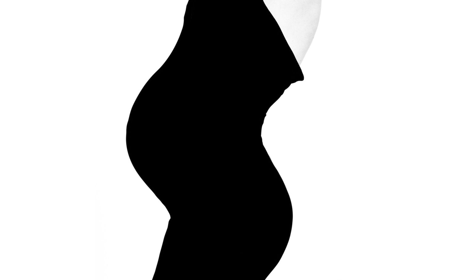 Minimalist black and white silhouette of pregnant belly against white background.