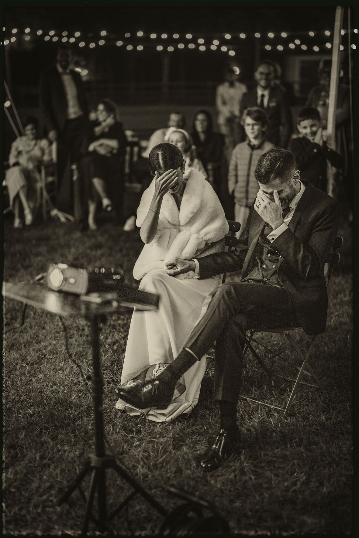 A black and white photo sequence shows a couple in wedding attire sharing intimate moments while sitting on hay bales.