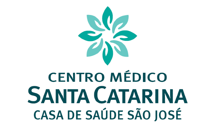 Healthcare facility logos with teal floral motifs and text in blue.