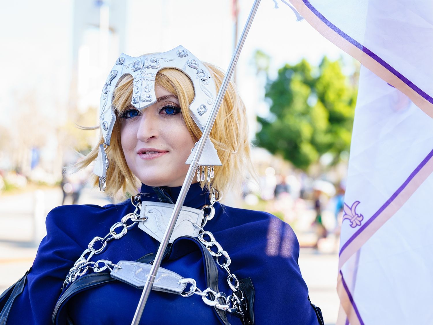Cosplayer with flag and military-style uniform at outdoor event.