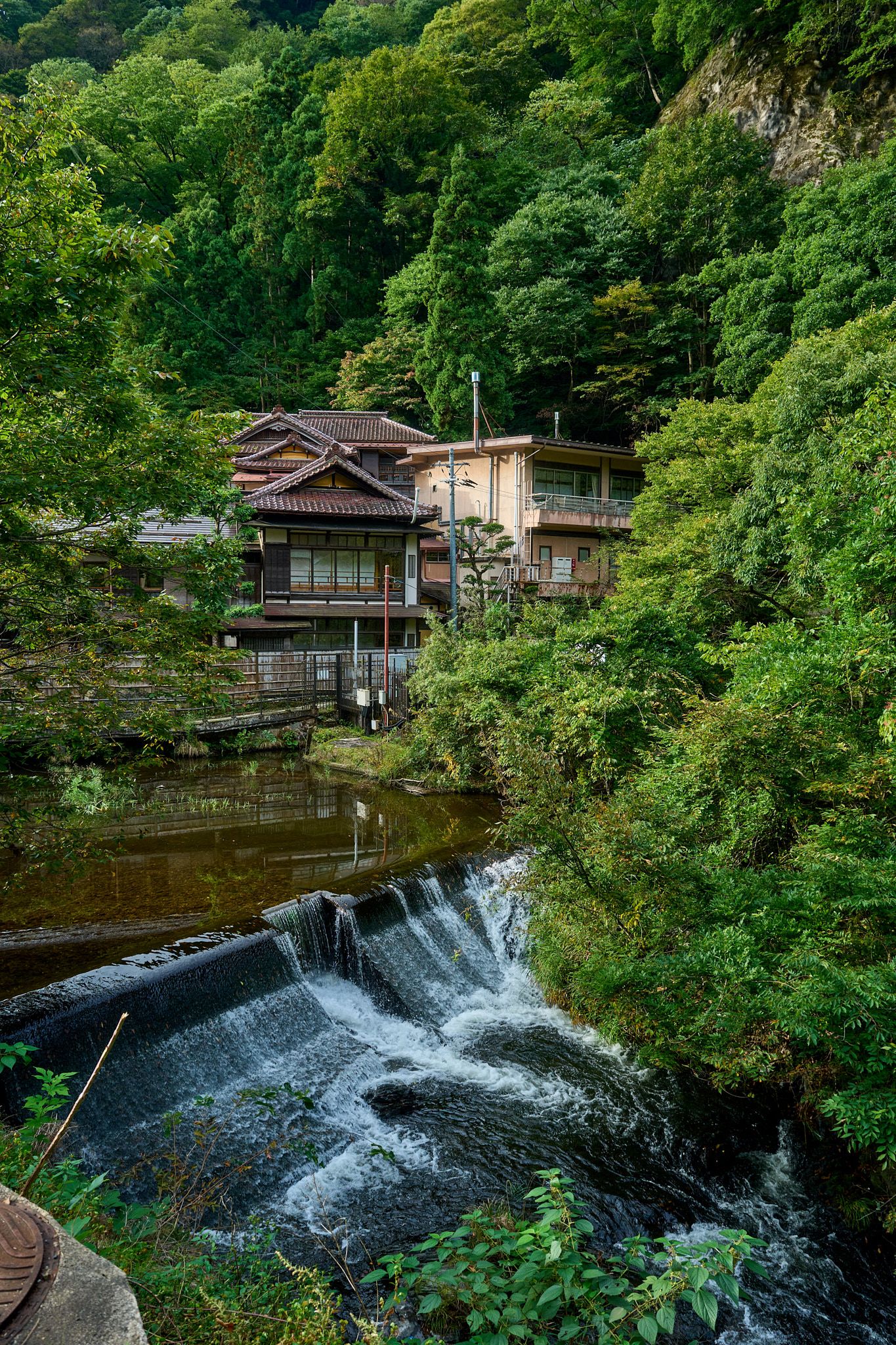 Traditional Japanese houses along a river with cascading waterfall surrounded by lush green forest.