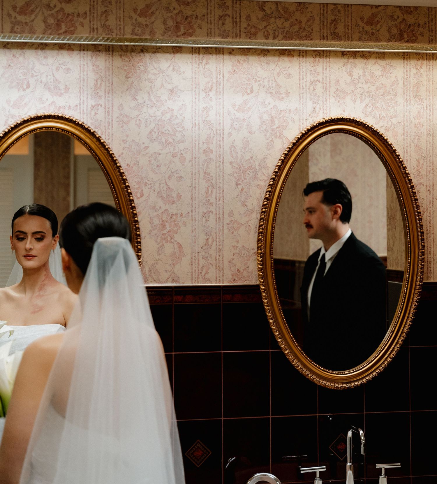 A series of wedding preparation photos showing mirrors, veils and bridal details in an elegant getting ready room.