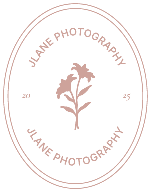 Photography brand logos featuring minimalist floral designs in rose gold circular frames.