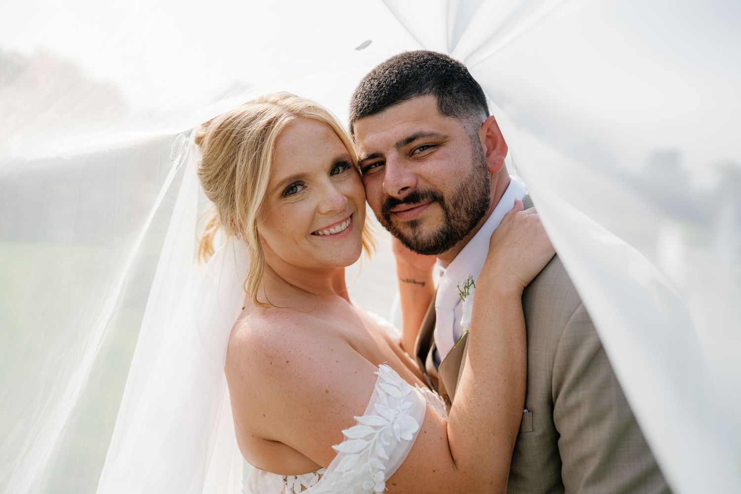 A romantic wedding photoshoot series showing tender moments between a bride and groom in soft natural lighting.