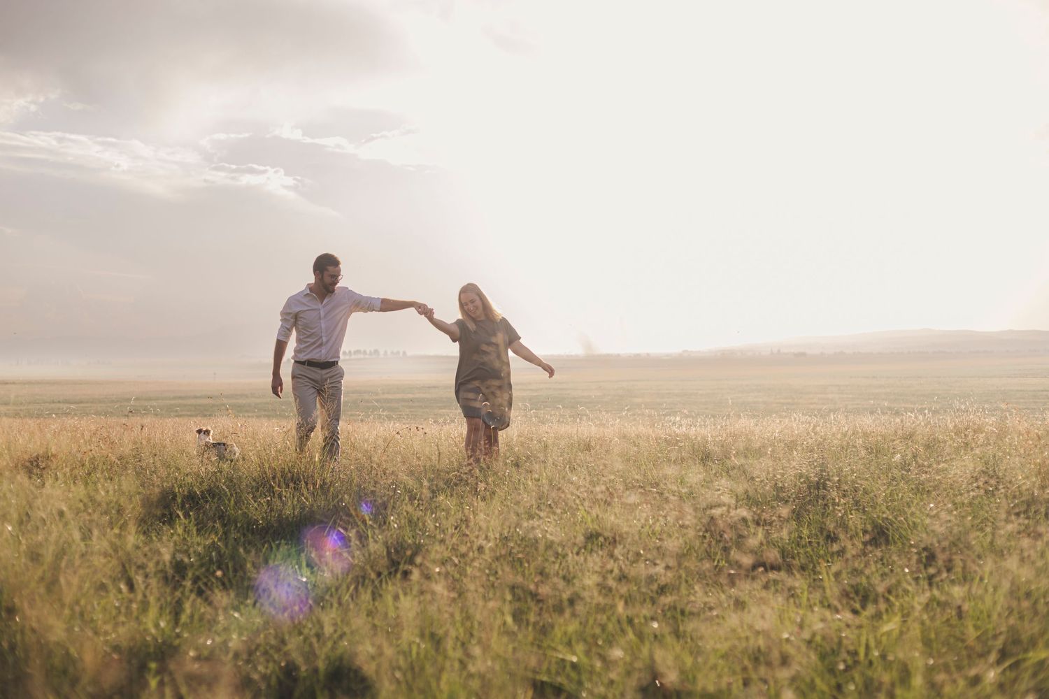 Two figures walking hand in hand through a golden field at sunset.