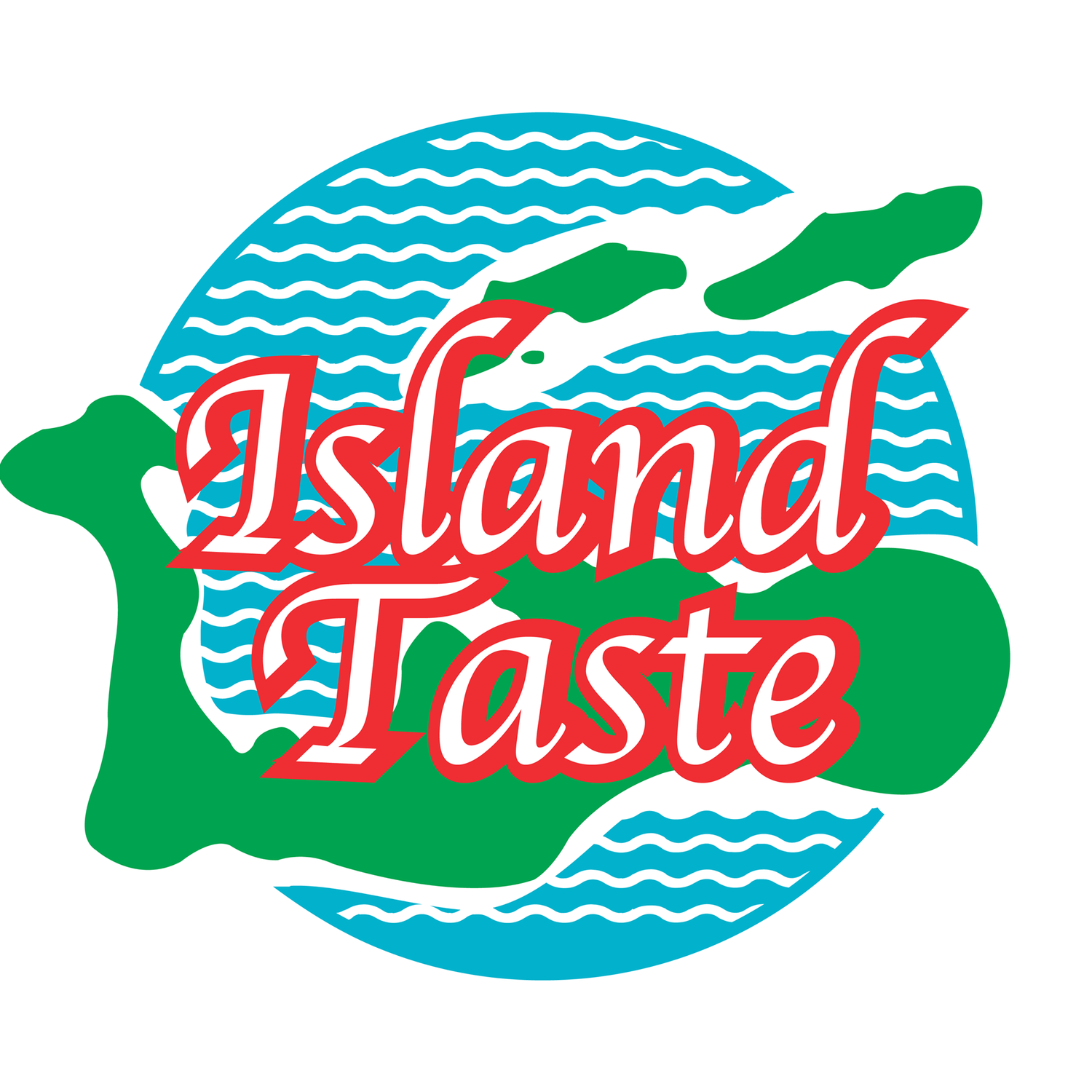 Stylized logo design featuring blue waves and green shapes with red text spelling 'Island Taste'.