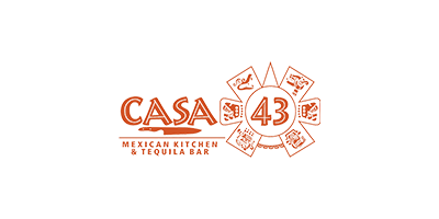 Vintage-style Casa 43 restaurant logo in orange with decorative elements.