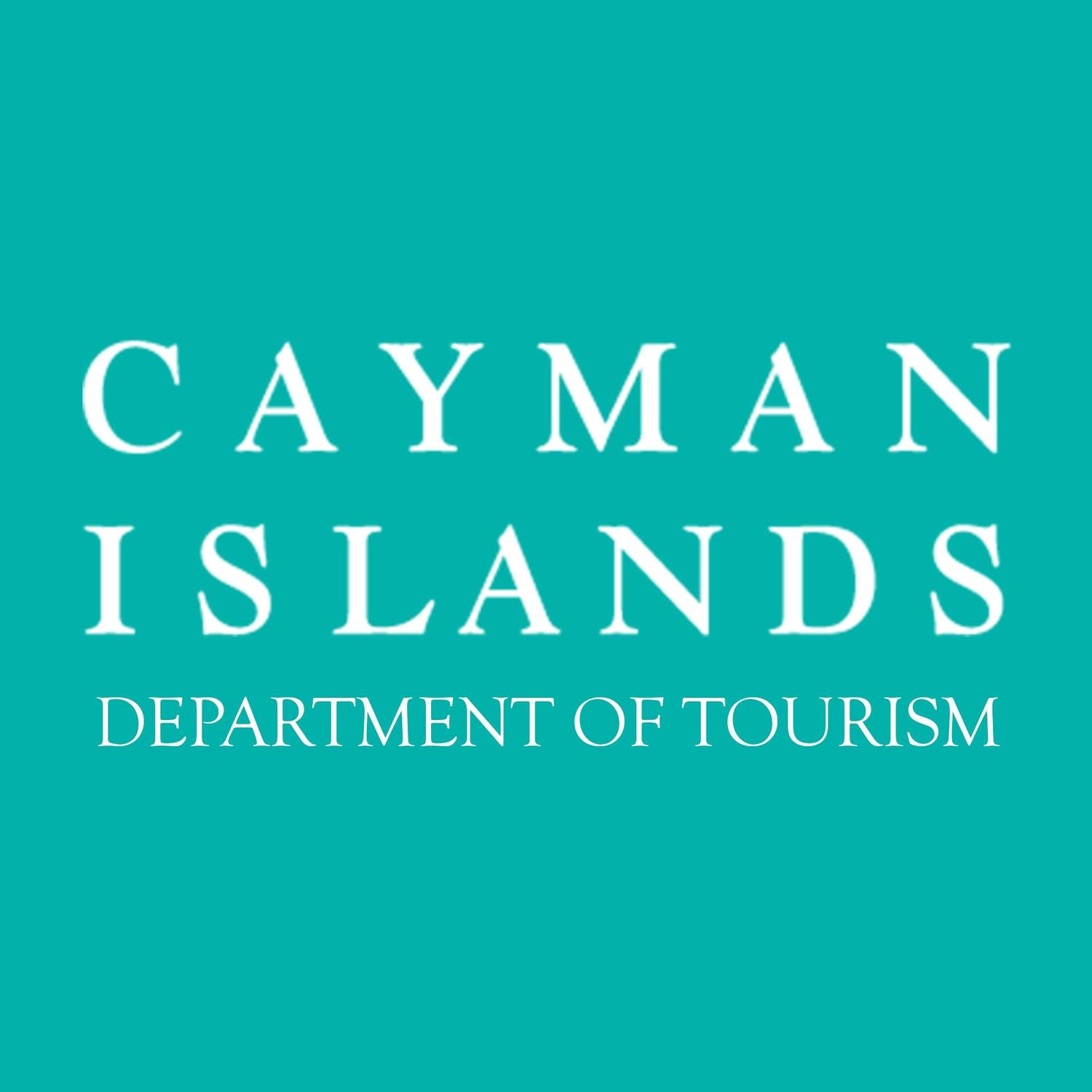 Cayman Islands Department of Tourism logo in white text on turquoise background.
