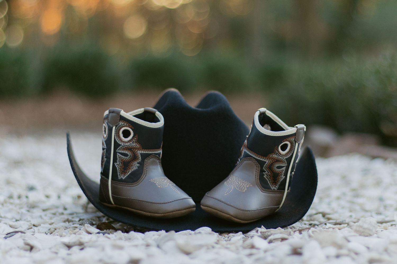 Three pairs of leather dress shoes lined up on a concrete floor with a blurred green background.