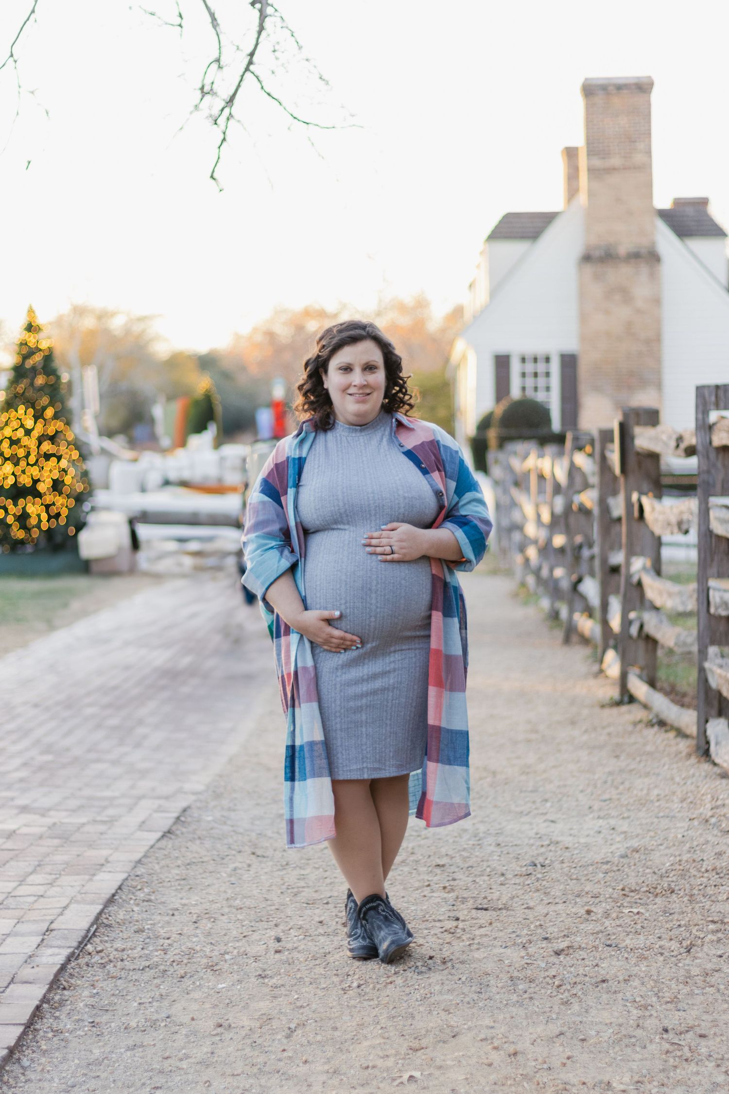 A series of outdoor photos shows a figure in a gray sweater dress and plaid shawl walking along a gravel path.